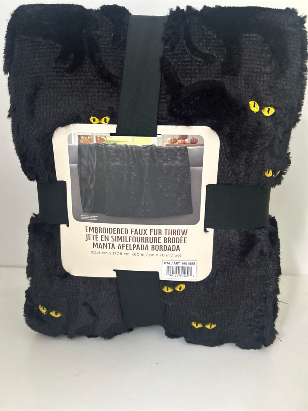 VIRAL Halloween Blanket Embroidered Faux Throw with Yellow Cat Eyes - Black NEW